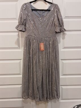 New(flaw) Ivy City Co. Silver Sequin Midi Dress Size Medium